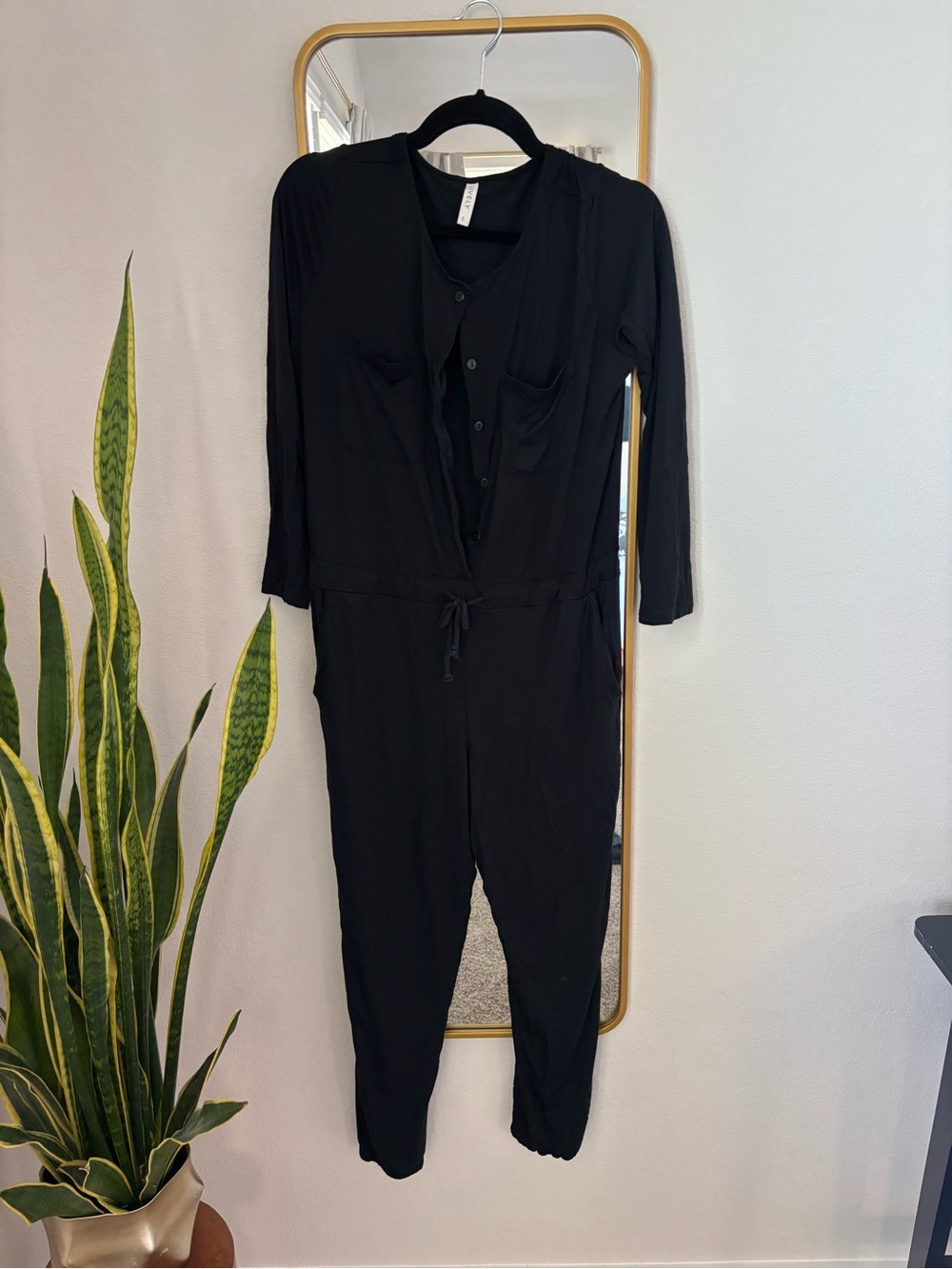 Lively Black Button-Front Long-Sleeve Jumpsuit with Drawstring Waist